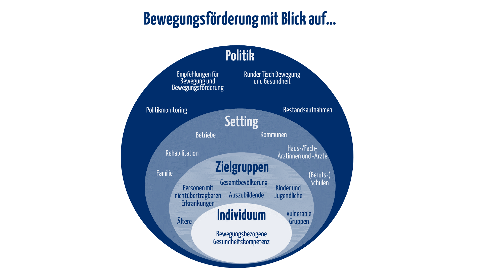 Dieses Bild zeigt die Bereiche Individuum, Zielgruppen, Setting und Politik, in welchen Bewegungsförderung stattfindet